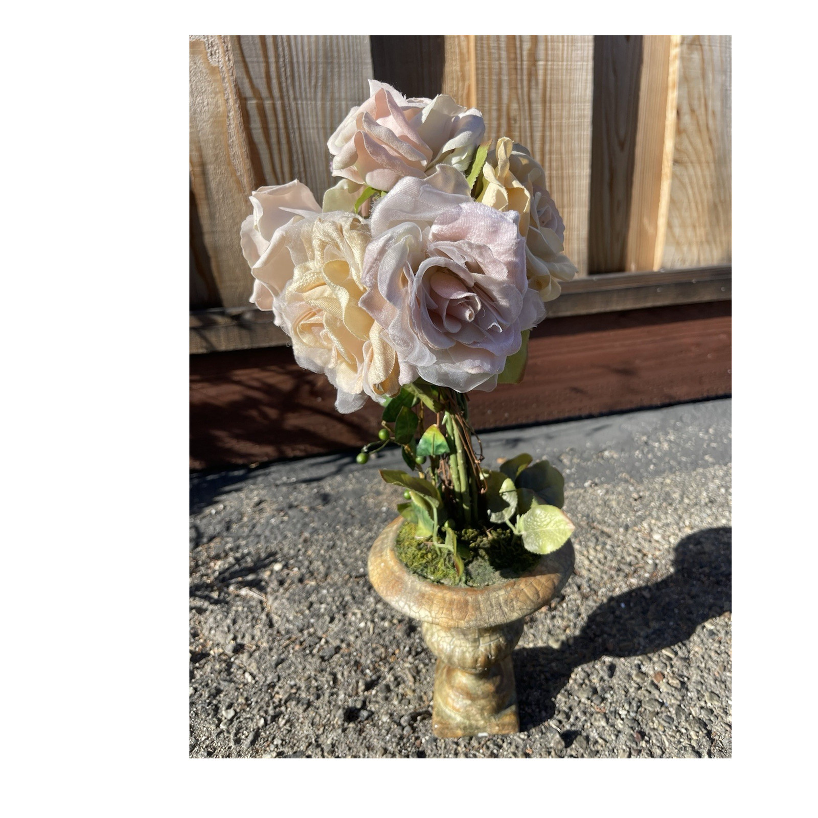 Artificial Rose Topiary Floral Arrangement Urn Vase 20 in Pink Beige Green