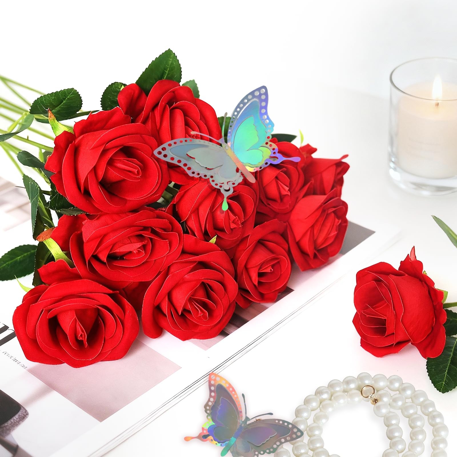 50 Pcs Fake Roses Red Artificial Flowers Bulk, Faux Velvet Silk Rose Bouquet …