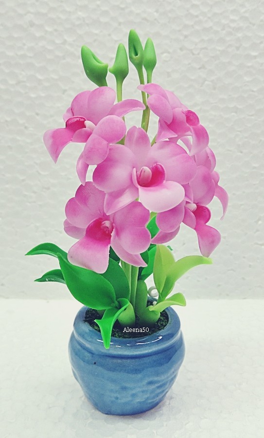 US Stock 4″H Handmade Air-Dry-Clay Miniature Dendrobium Orchid Arranged in Pot