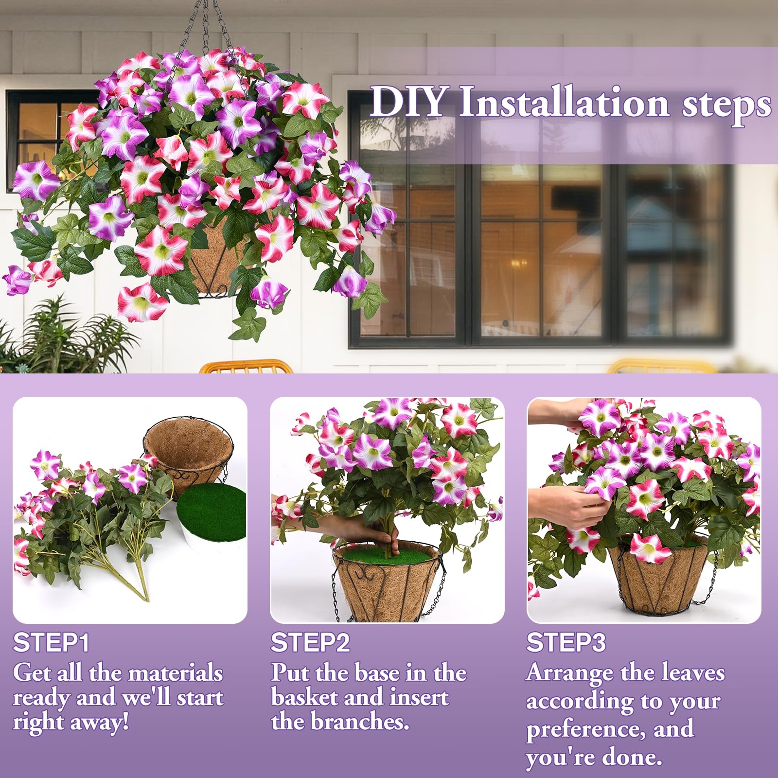 Artificial Hanging Flowers Plants with Basket for Outdoors, Artificial Petuni…