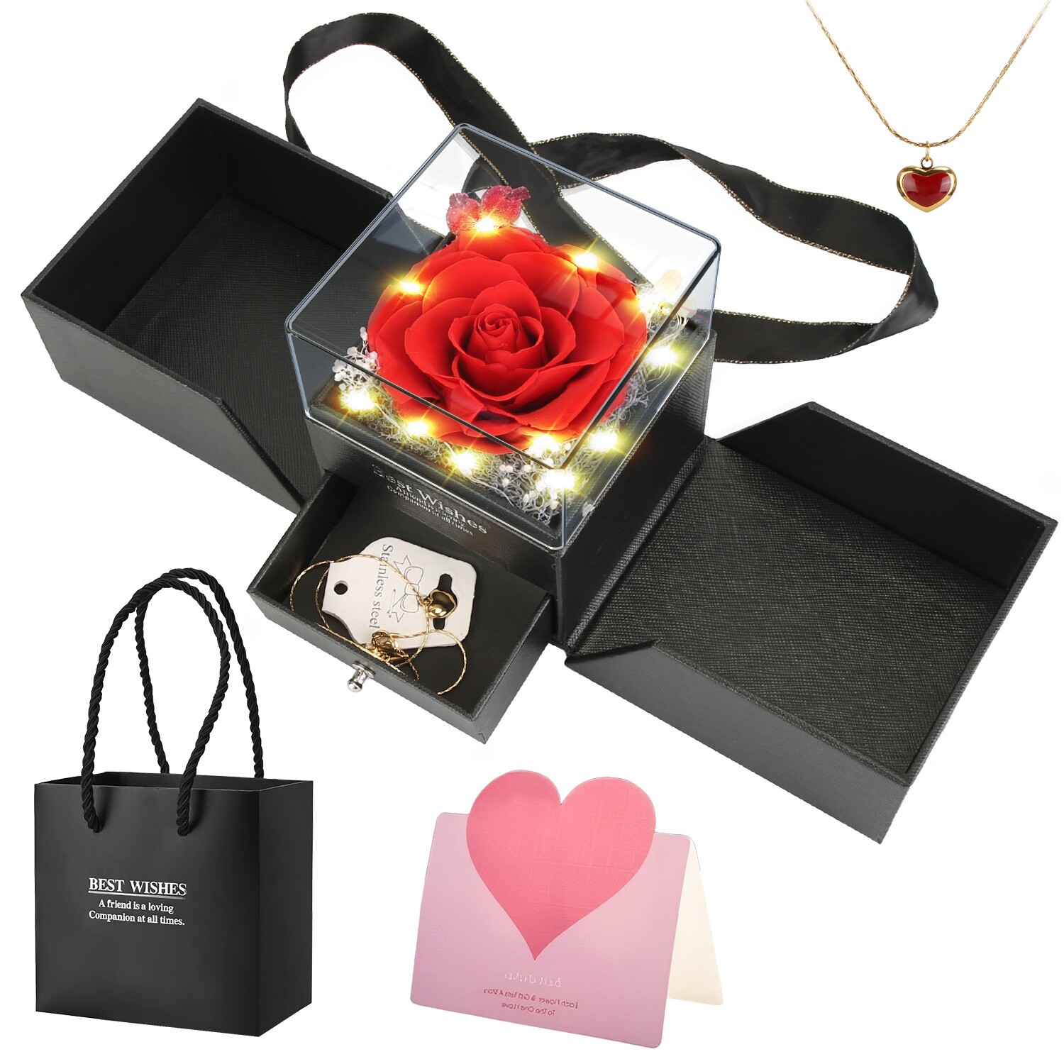 Preserved Eternal Real Rose Flower Gift Box with Heart-Shaped Necklace for Mom