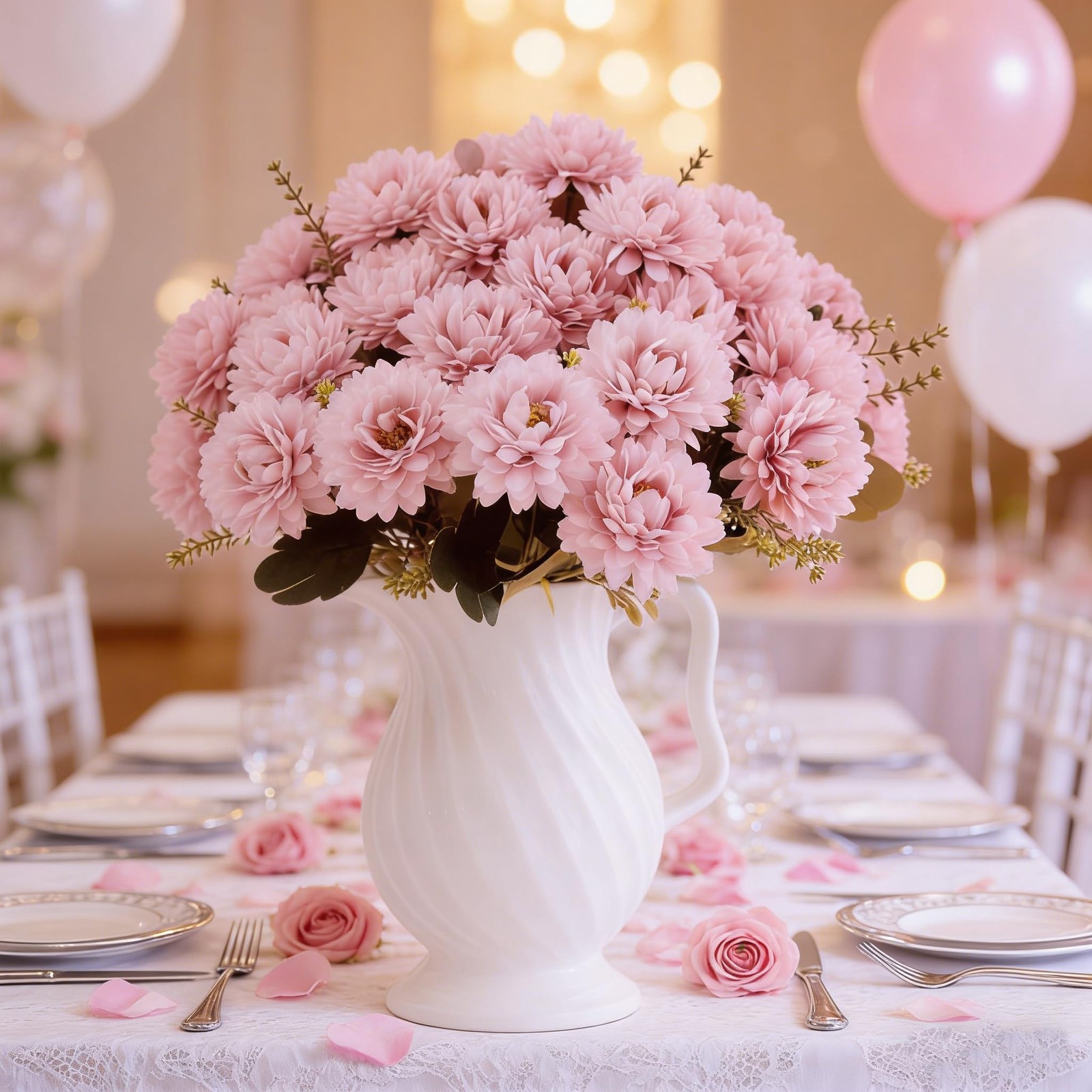 18 Heads Pink Artificial Chrysanthemum Flowers Fake Mums Pink Kiku Ball Flowe…
