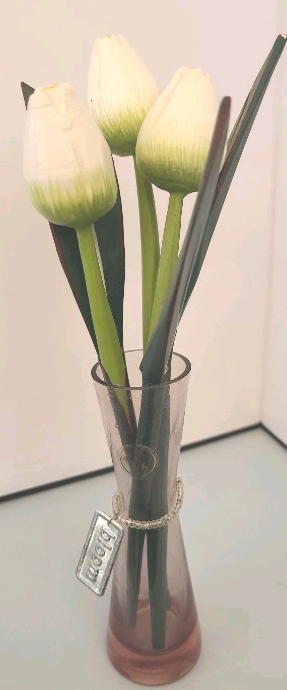 Vintage 3 Wooden Tulips Spring Bulb Flower In Handblown Pink/purple 5″ Vase.