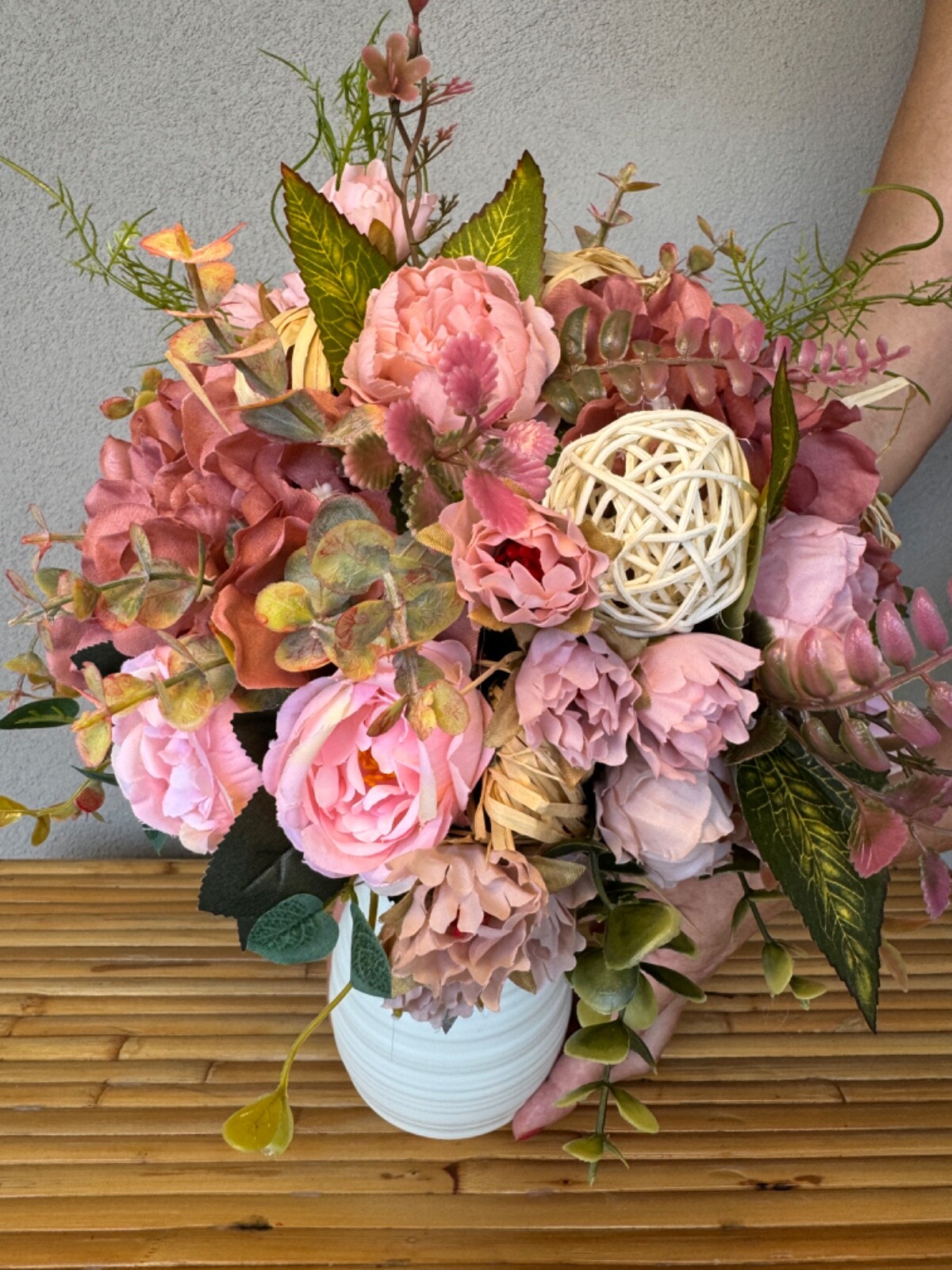 Soft pink flower arrangement in a vase , width 12’, height 14’, home decor