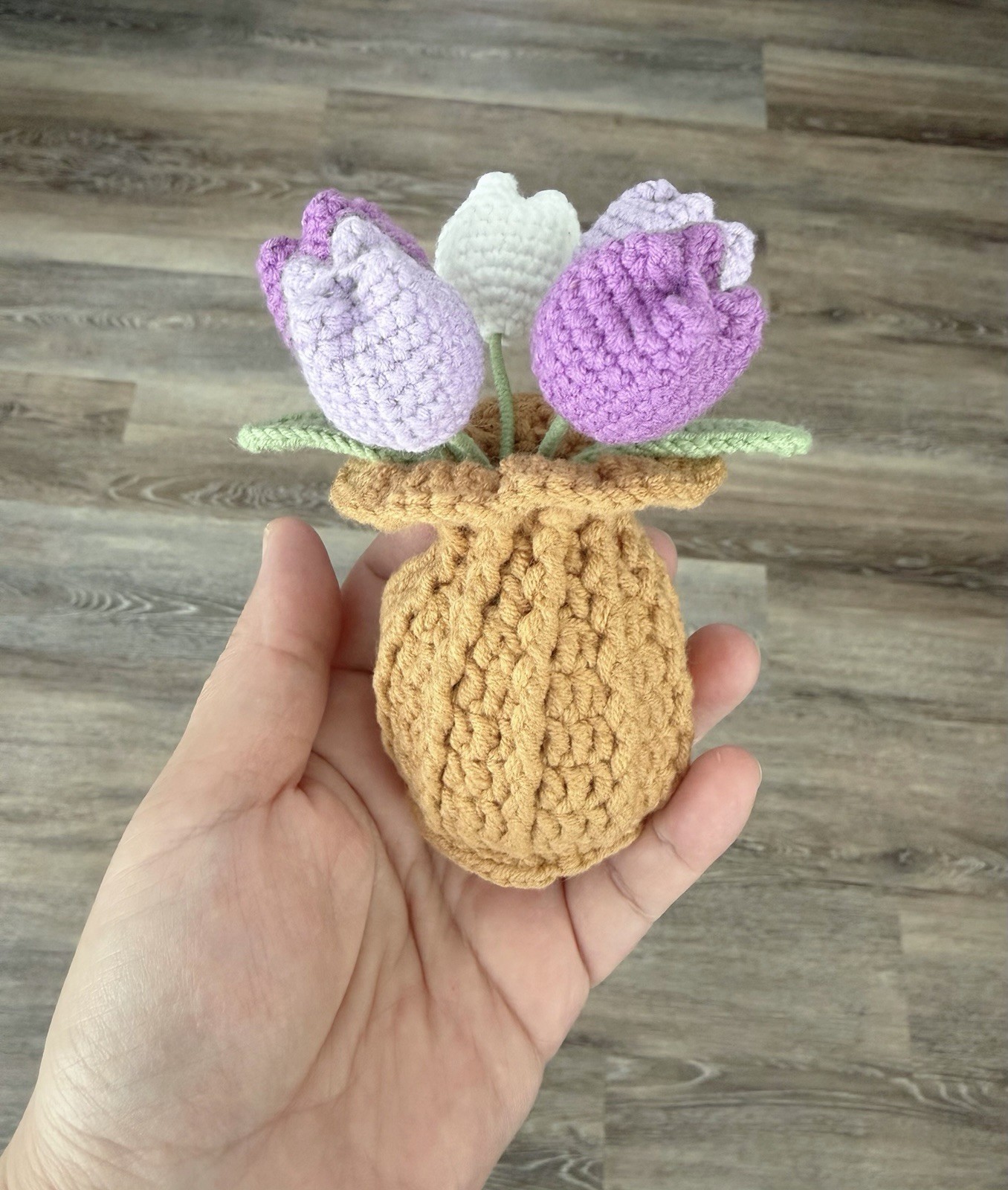 Handmade Crochet Tulip Flower Bouquet Purple White in Brown Vase