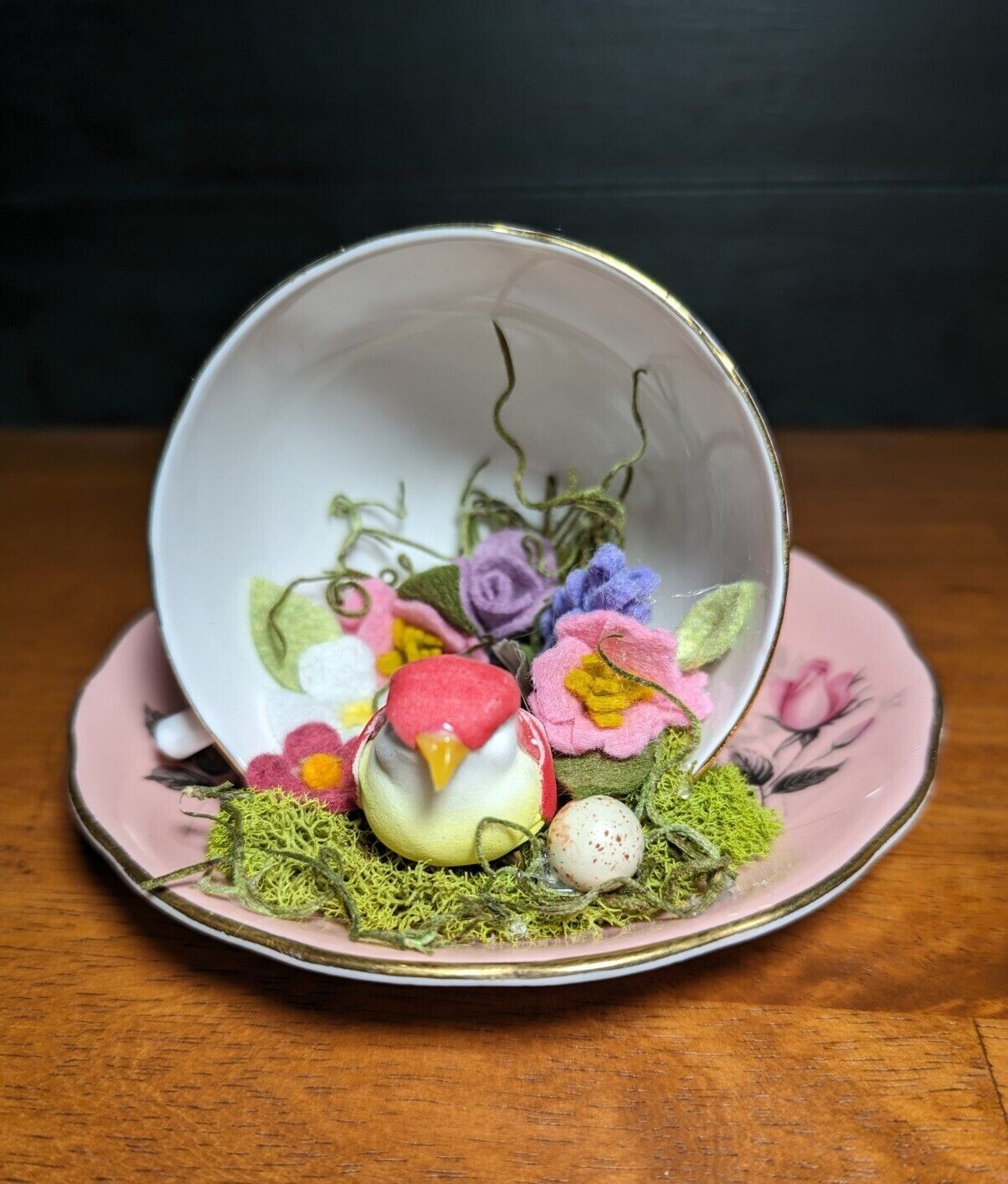 Home decor Teacup, felt flowers and bird nestled in moss & tiny egg, Gift Idea!