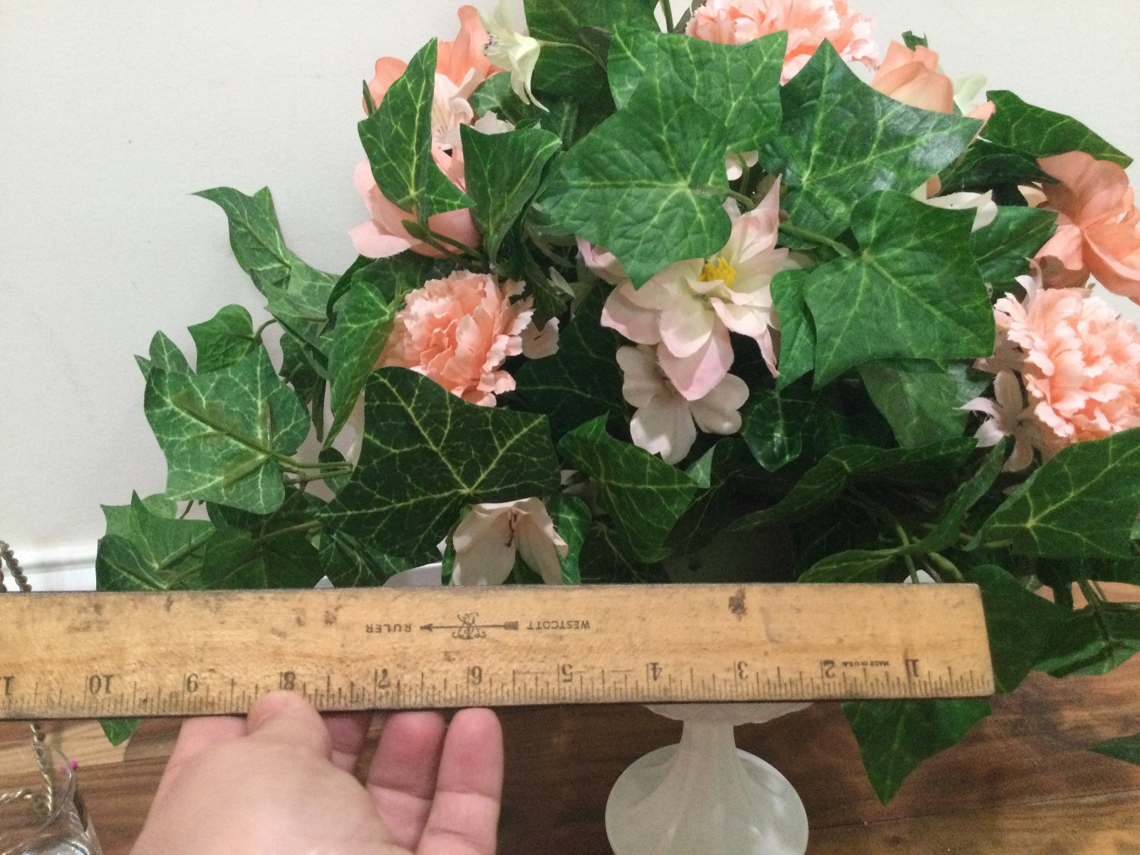 Flower Arrangement pink lily daisy 2.5′ Indiana Milk Glass Quilted Duet Pedestal