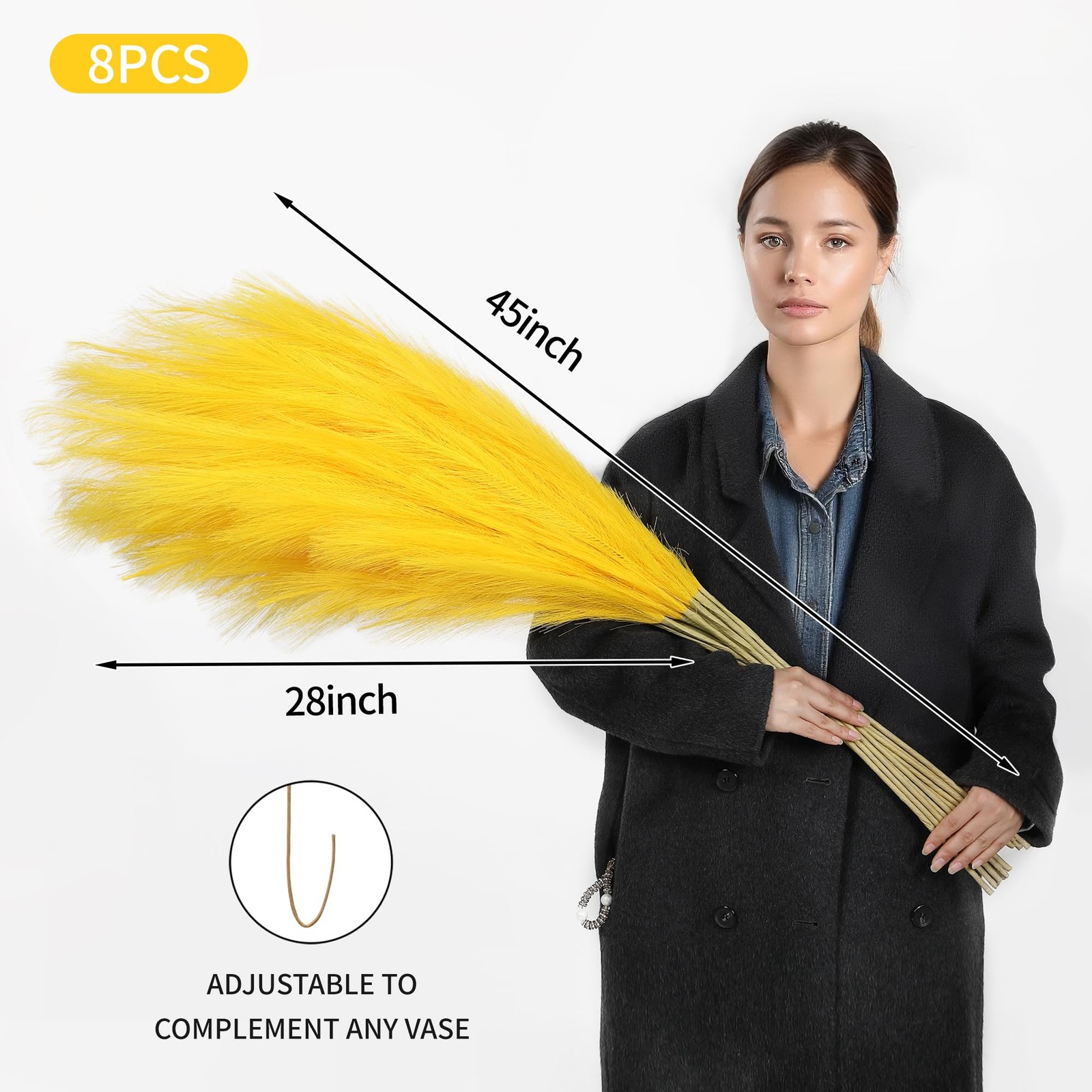 8 Pcs 45 Inch Tall Yellow Pampas Grass Faux Artificial Floor Vase Wedding Decor