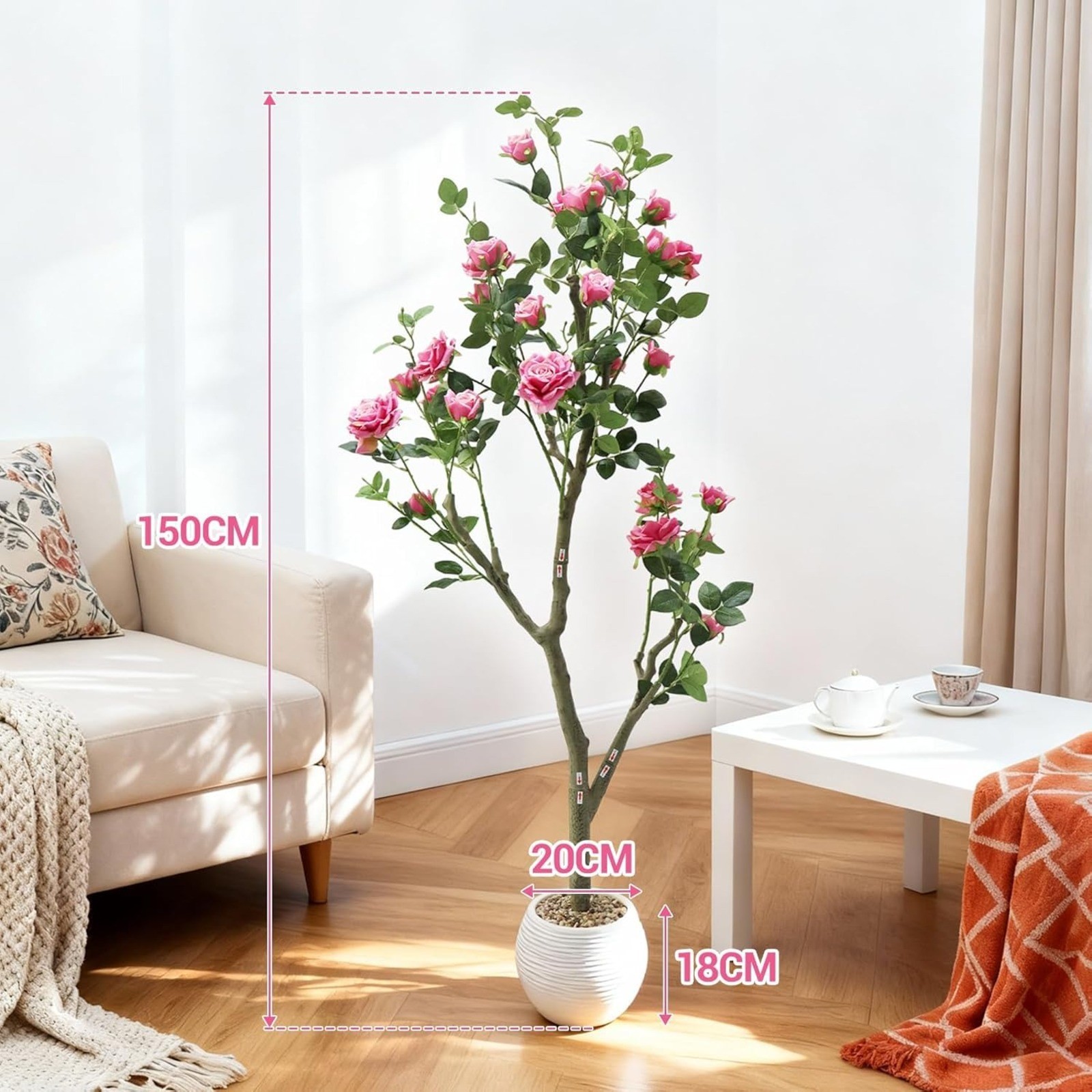 5ft Artificial Rose Tree Faux Blooming Rose Plant with White Striped Oval Pot
