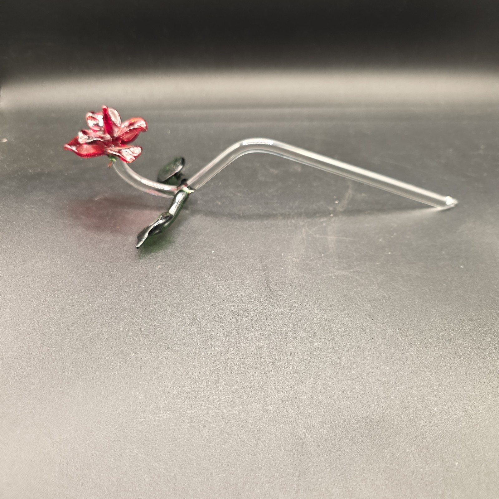 Glass Long Stem Red Rose with Green Leaves 10″ Applied Blown