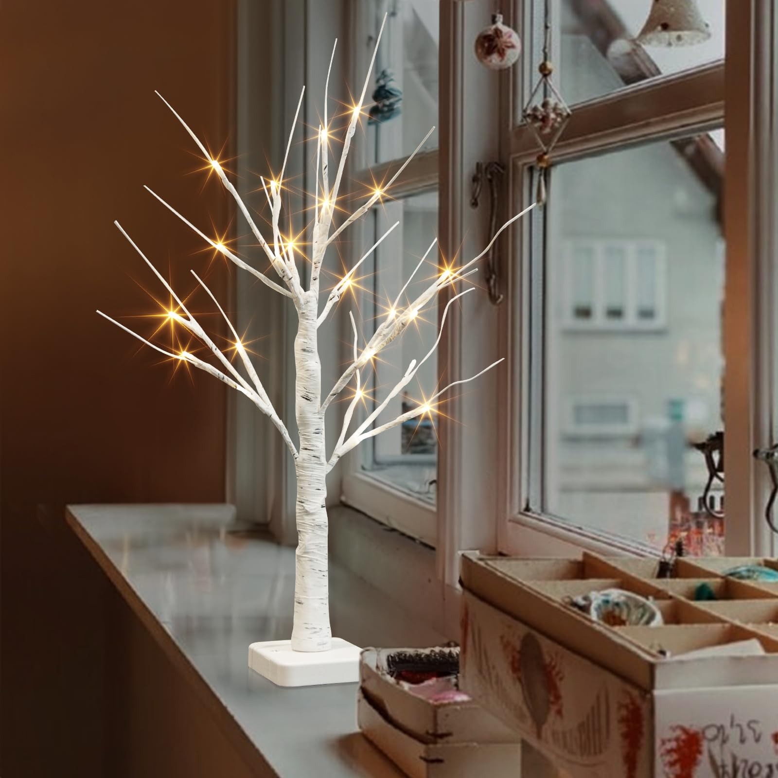 PABIPABI Lighted Birch Tree, 22” Christmas Tree with 24 LED, 1ft 10in, White