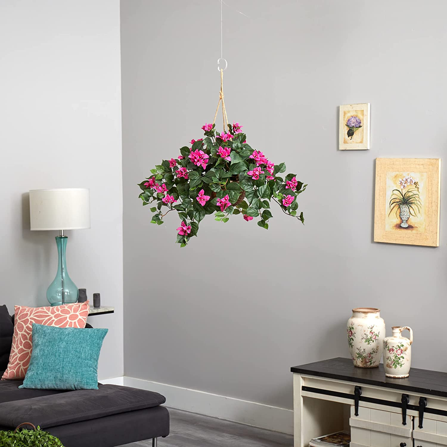 Bougainvillea Basket Silk 1 Artificial Hanging Plant, 32 X 32 X 24, Green, Pink