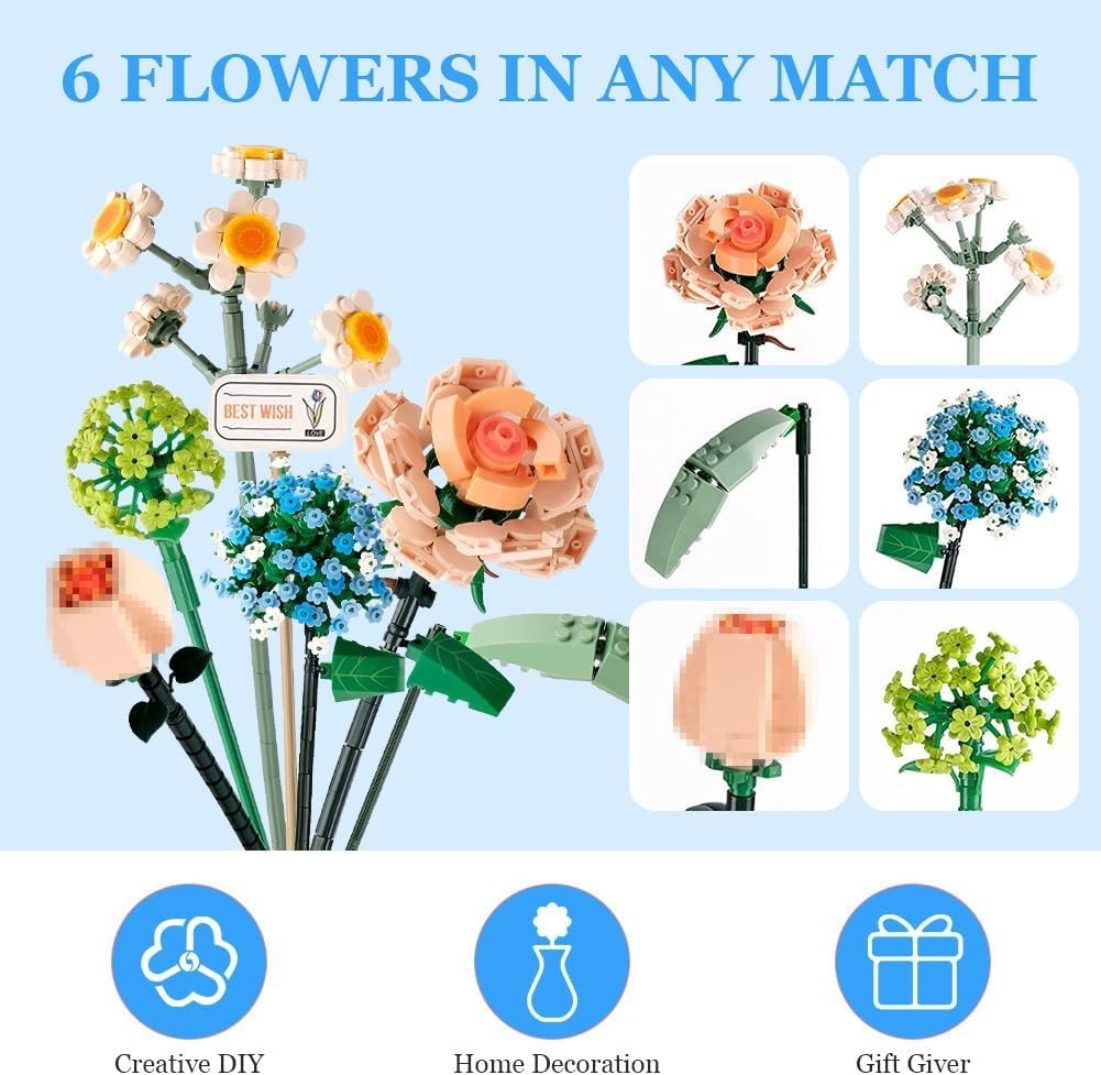 Flower Bouquet Building Set -6 Artificial Flowers Building Kit, 547Pcs Building