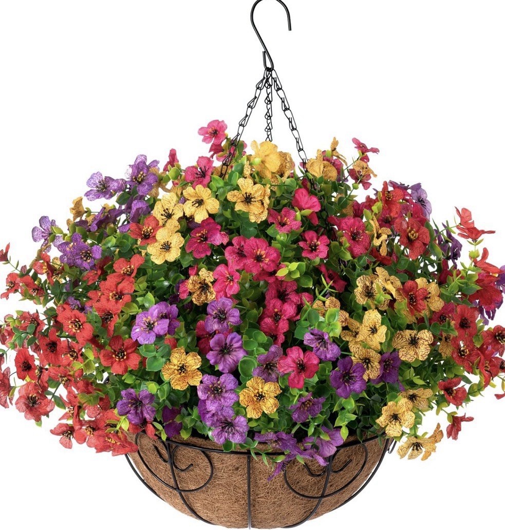 HyeFlora Artificial Faux Hanging Plants Flowers Basket for Summer Outdoor
