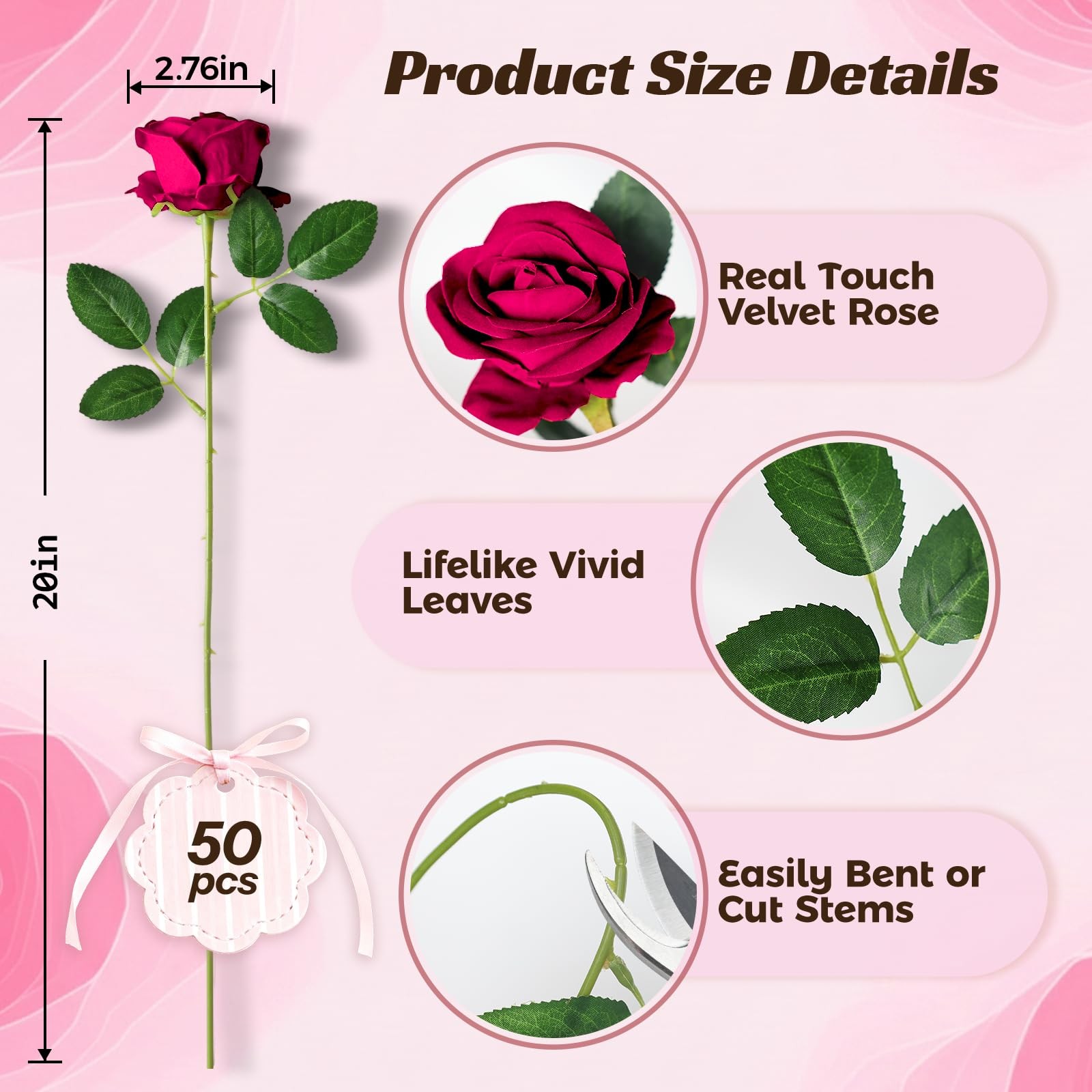 50 Pcs Fake Roses Burgundy Artificial Flowers Bulk, Faux Velvet Silk Rose Bou…