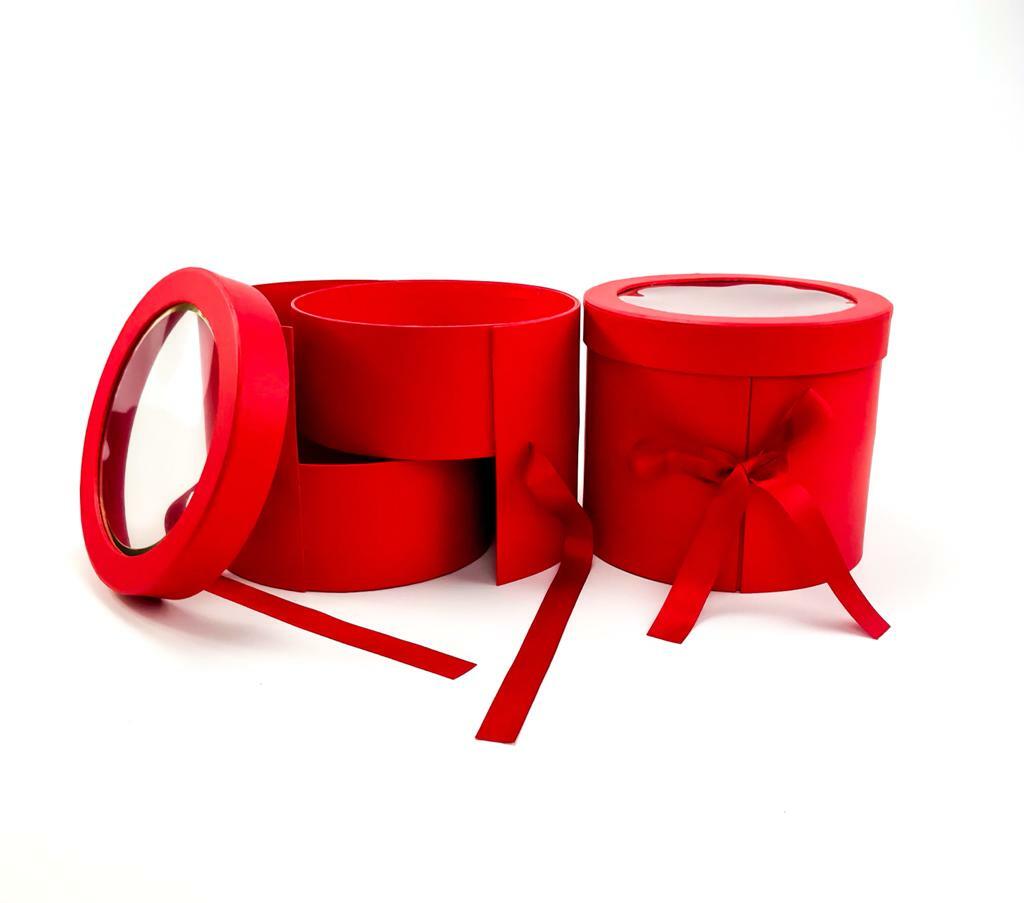 Premium Quality Round Shape Flower Box, Floral Gift Box, 2 Tier, with Lid, Red