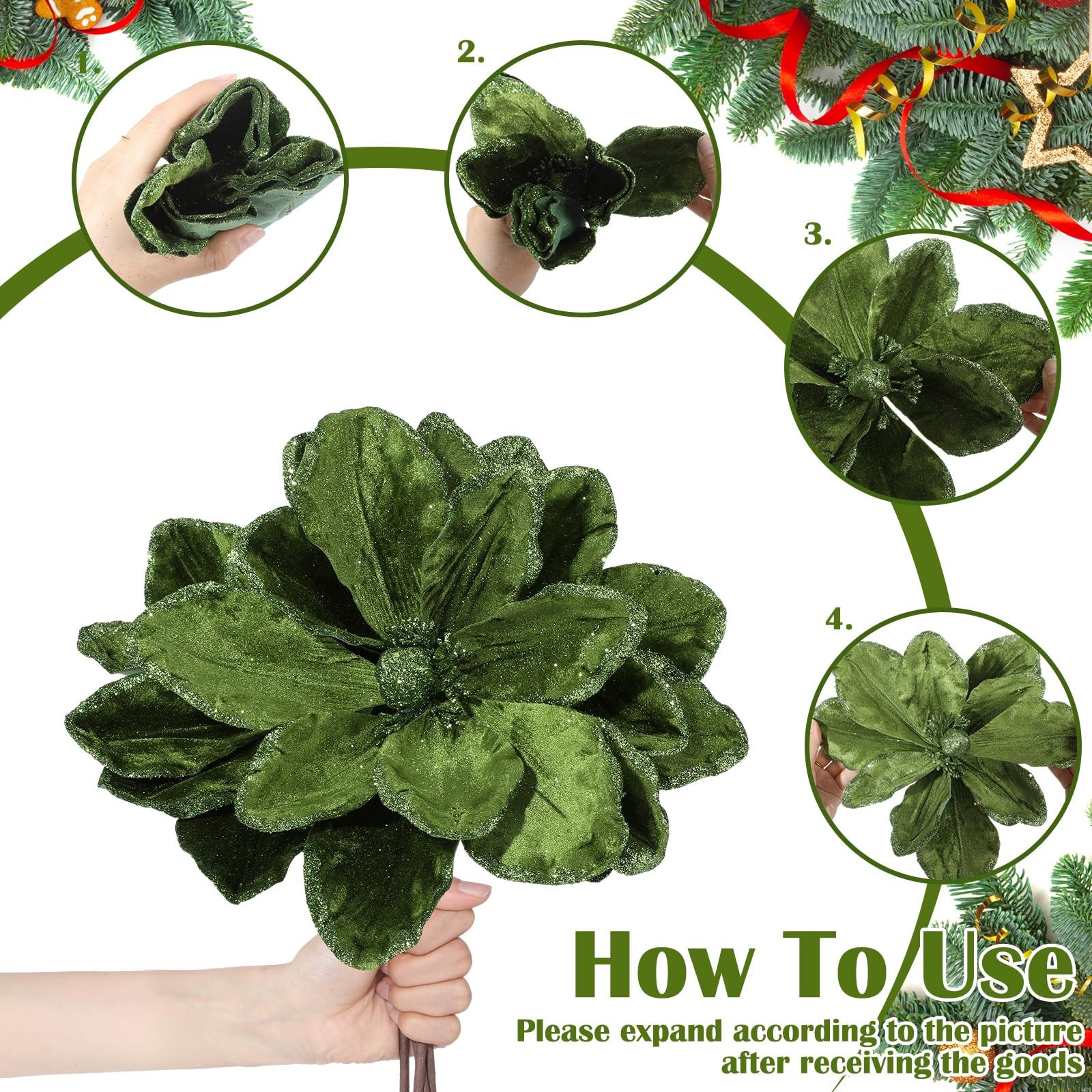 8 Pcs Large 12” Christmas Flower Forest Green Magnolia Flowers Christmas Tre…