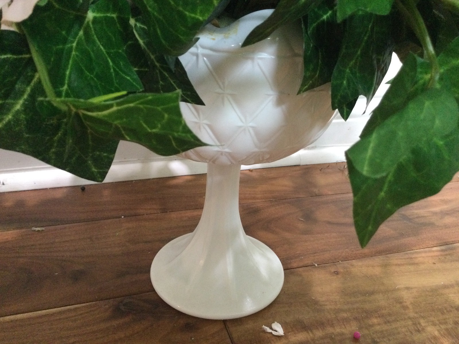 Flower Arrangement pink lily daisy 2.5′ Indiana Milk Glass Quilted Duet Pedestal