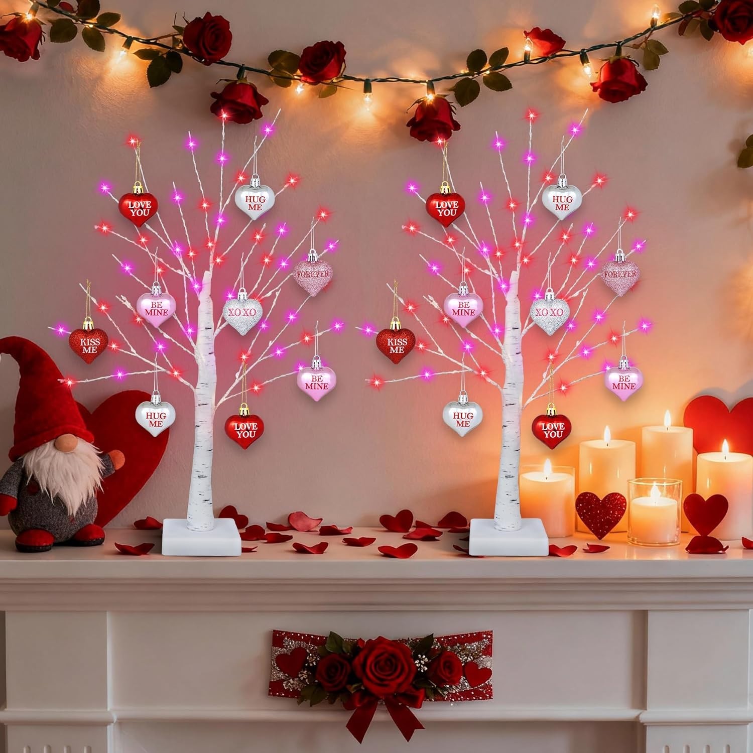 2 Pack 24in Valentine’s LED Tree with 65 Lights, Timer, USB & Battery, 18 Hearts