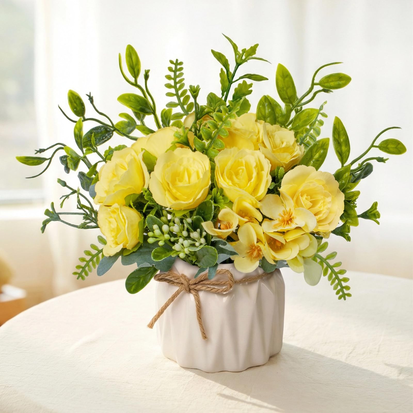 Yellow Artificial Silk Roses with Ceramic Vase, No Maintenance Faux Flower Ar…