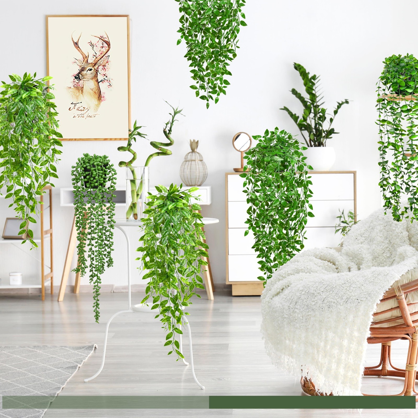 4 Pack UV Resistant Faux Hanging Plants – Eucalyptus, Mandala, Pea Pod & String