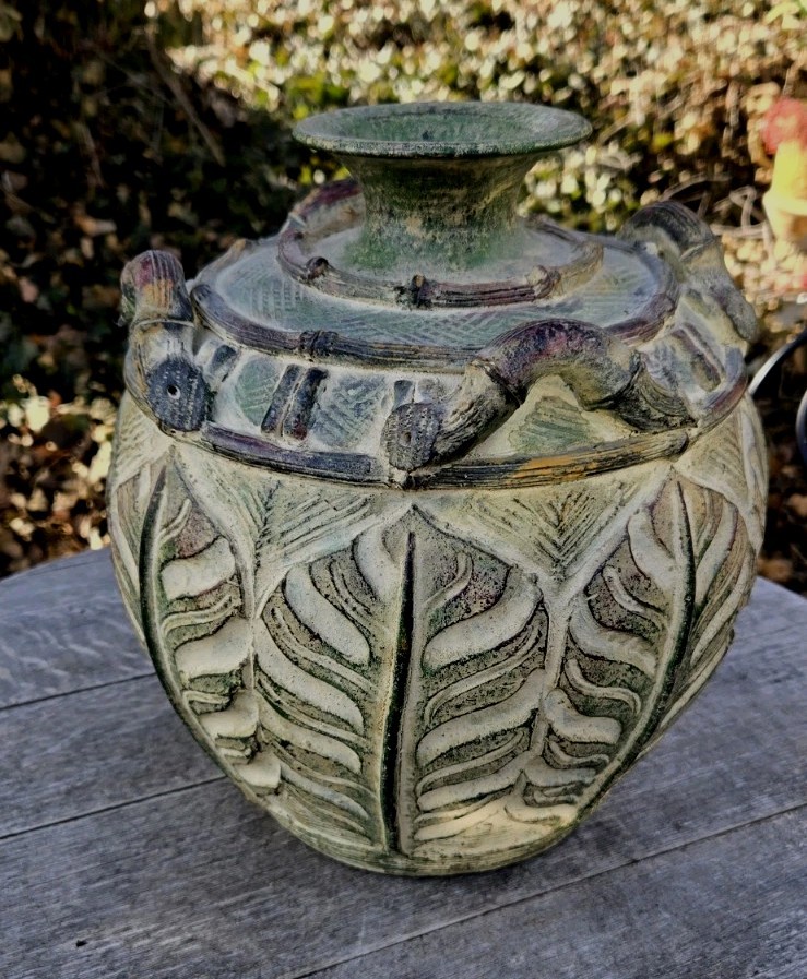Rustic Urn Vase Earthenware Pottery Botanical Leaf Handles 12″T Brownish Green