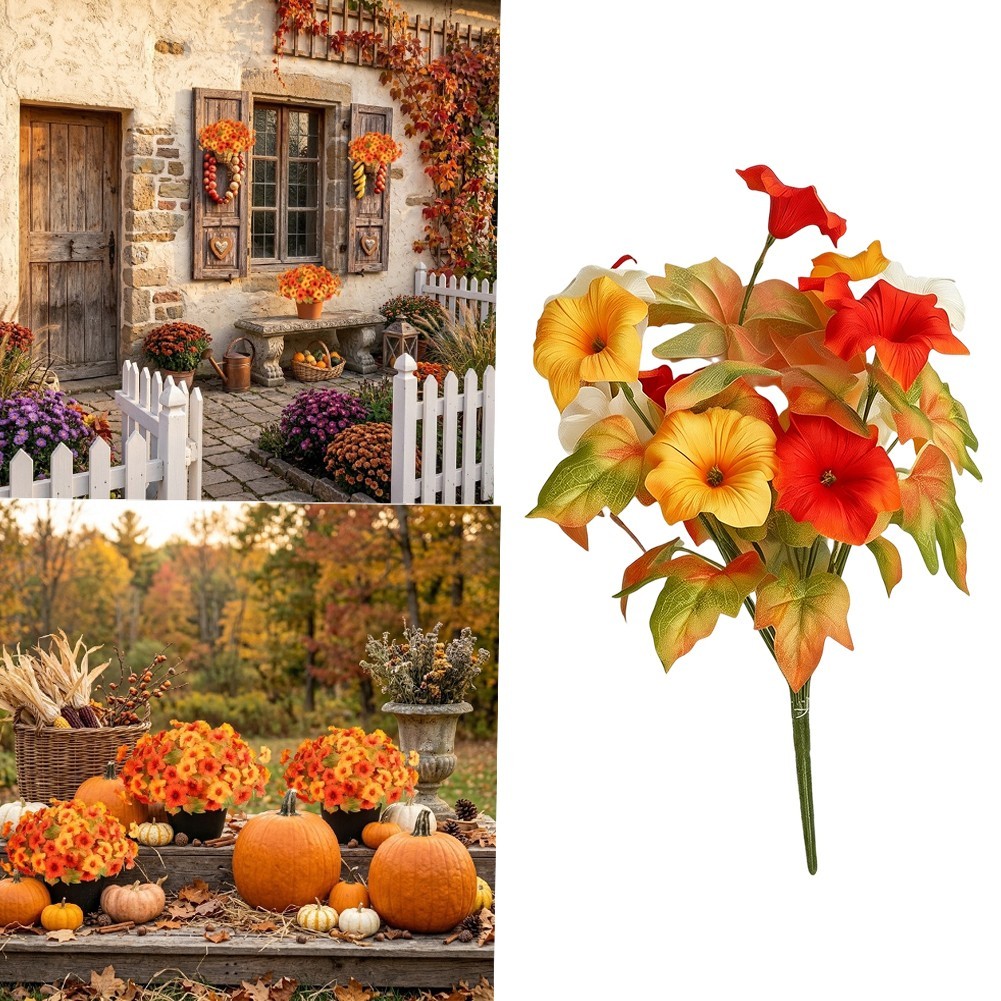 Artificial Petunias 17in Orange Yellow 6 Pack Sturdy Plastomer for Garden Decor