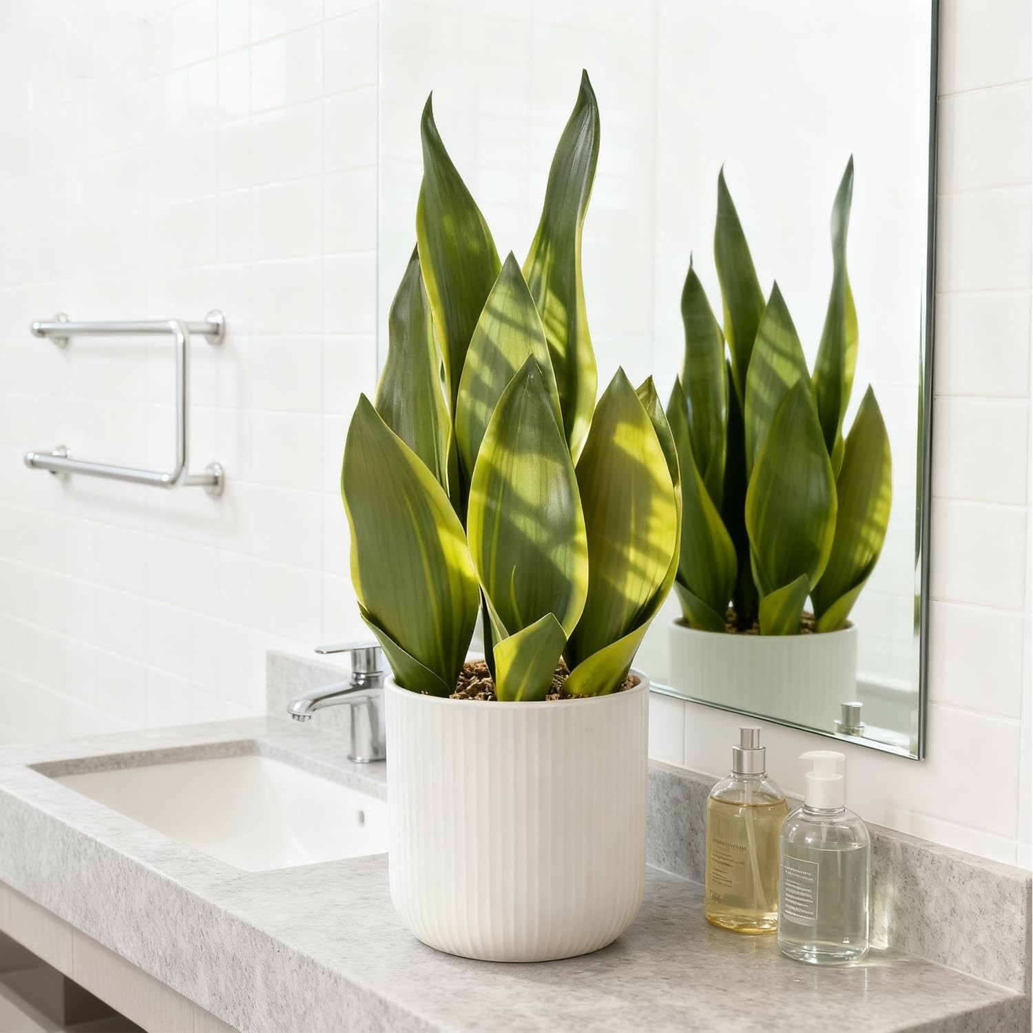Artificial Realistic Snake Plant 16″ with White Ceramic Pot Fake Snake Plants…