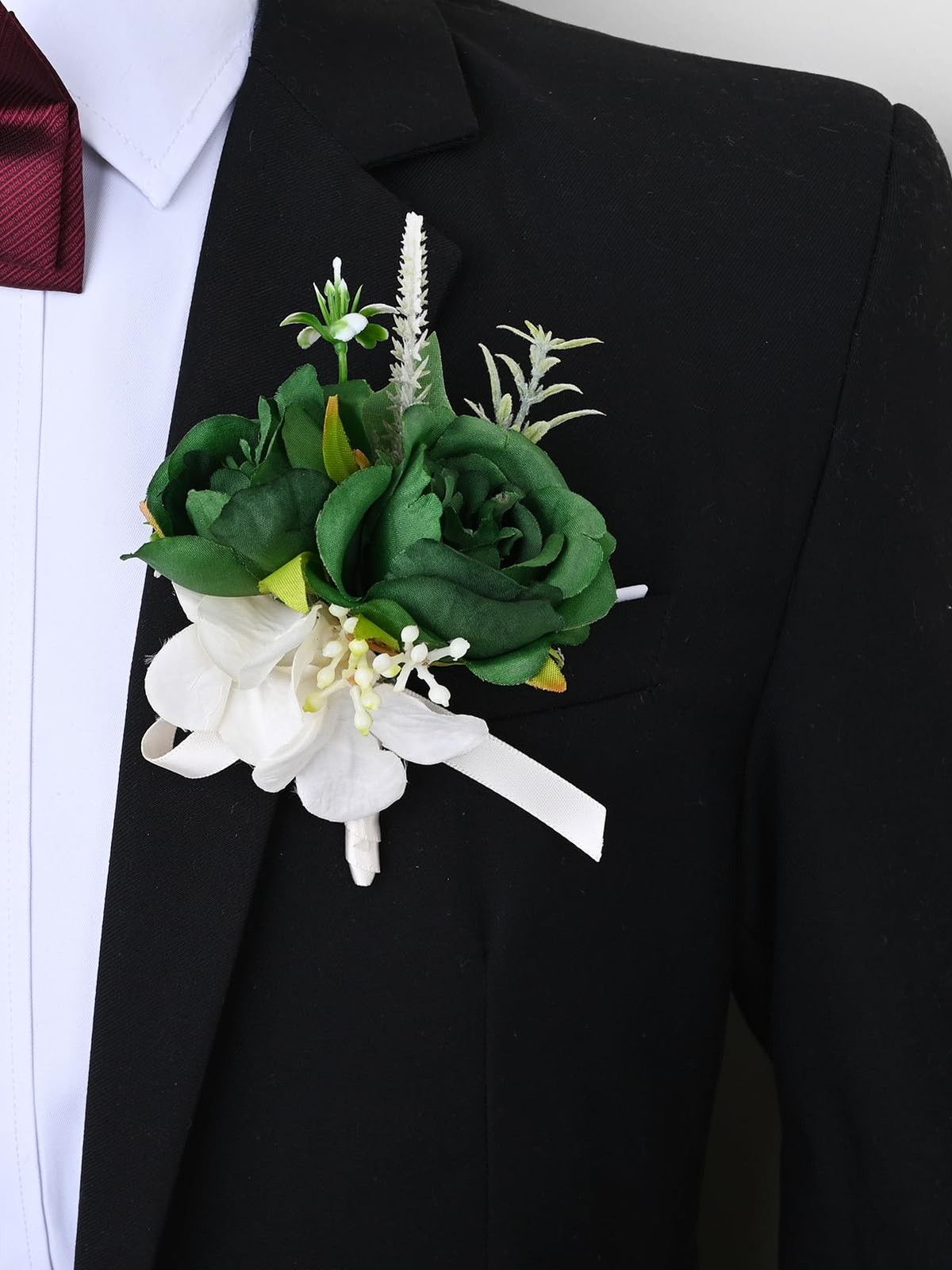 2 PCS Dark Green Wrist Corsage Boutonniere Set Artificial Flowers Prom Suit