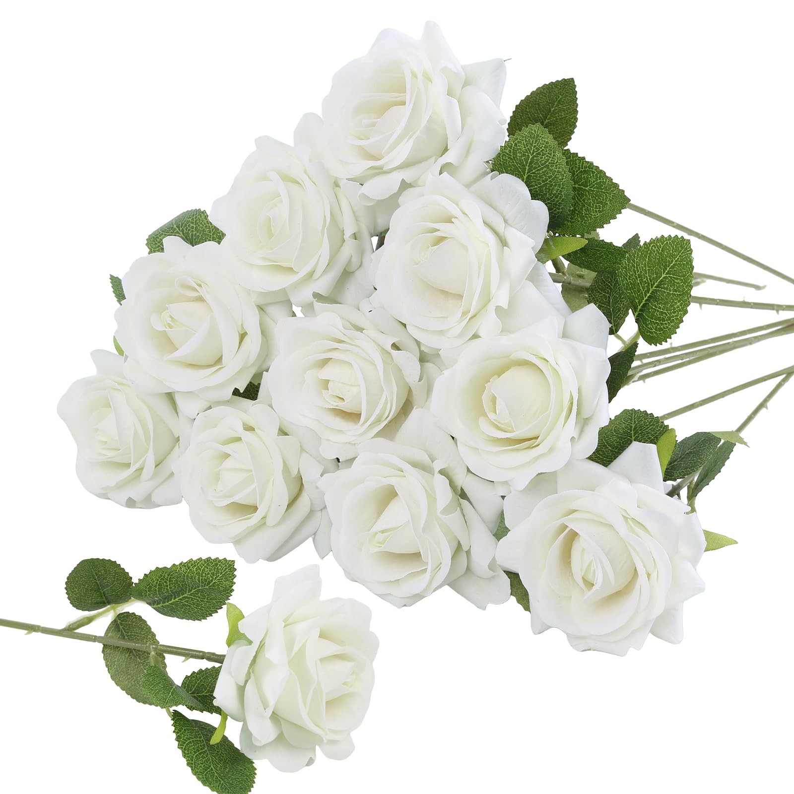 10PCS White Velvet Rose Artificial Flowers Realistic Faux Roses with Long Ste…
