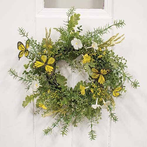 New Spring Summer YELLOW BUTTERFLY WREATH Greenery Flowers 14″
