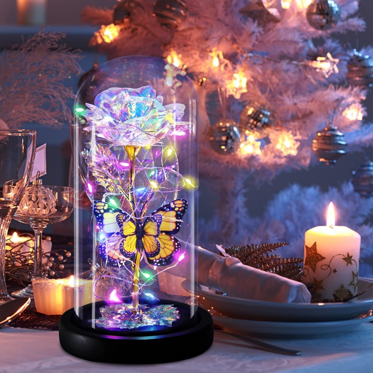 Charming Galaxy Rose with Butterfly – Glass Dome Gift for Special Moments