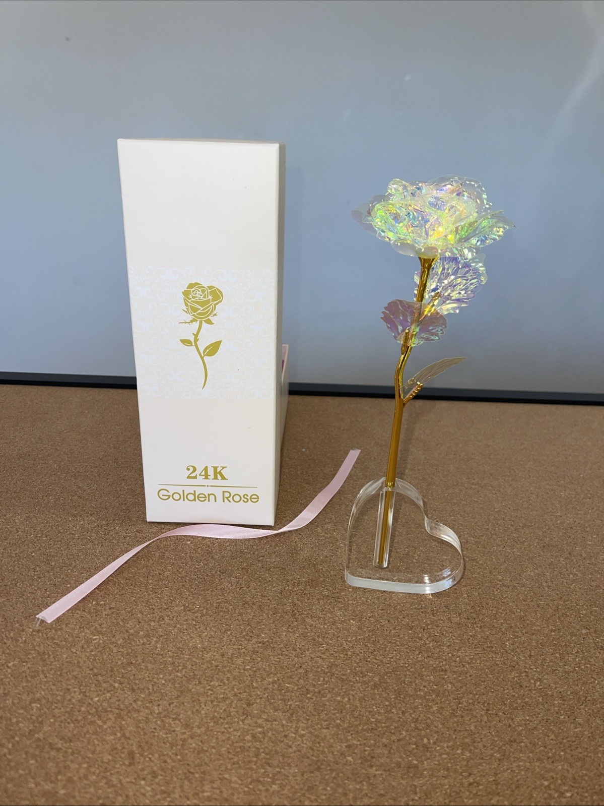 Artificial Iridescent 24K Golden Rose Gift Keepsake Flower Box Open Box