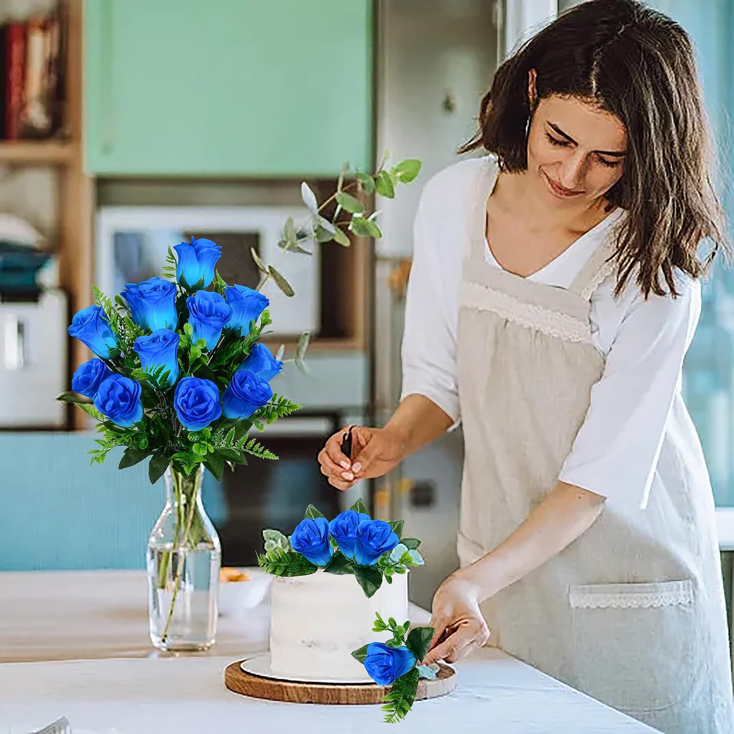 Artificial Rose Flowers Bouquet 4 PCS, Realistic Silk Blue Wedding Cemetery