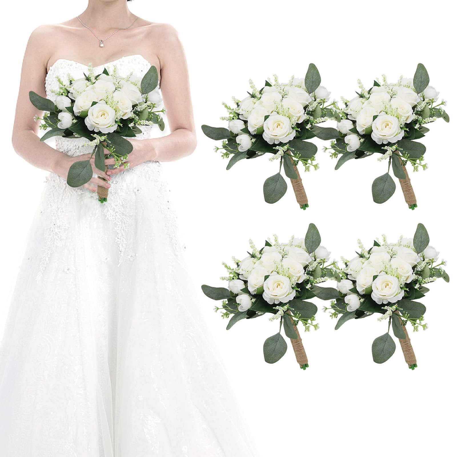 Set of 4 Bridesmaid Bouquets for Wedding – 7 Inch Artificial Ivory Flower Bou…