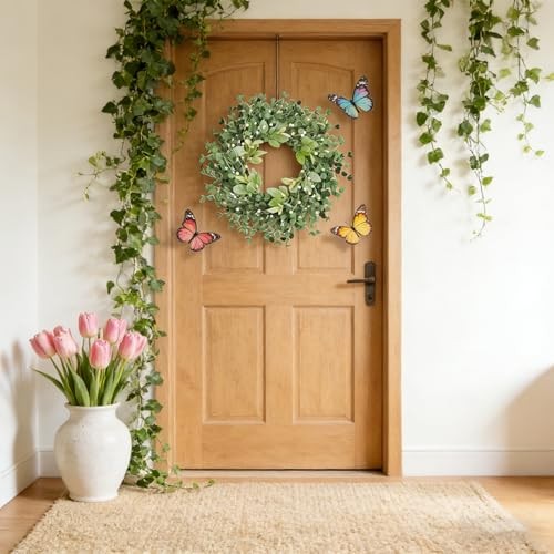 22-inch Spring Wreath Artificial Green Eucalyptus Leaves Wreath with White