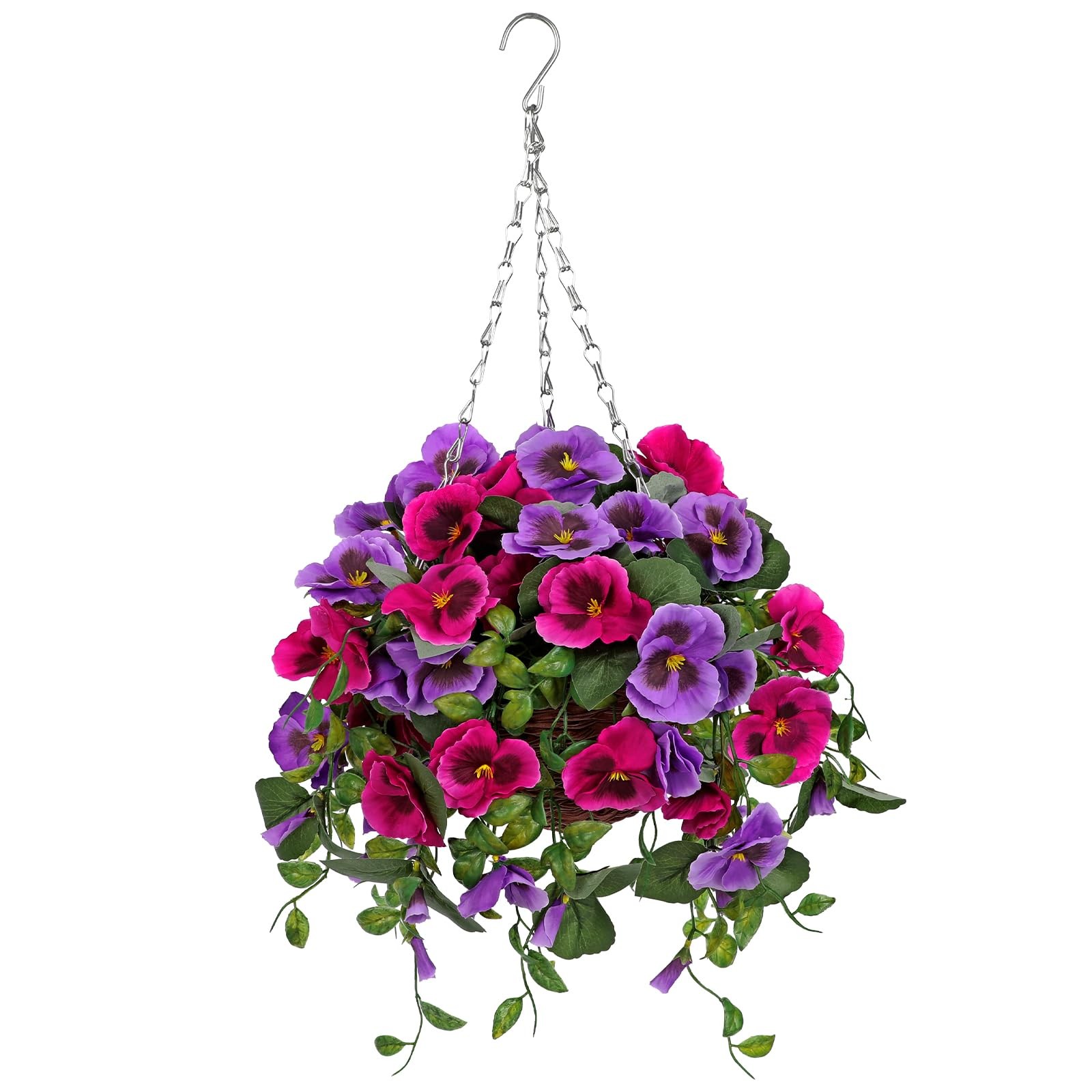 Artificial Hanging Basket Pansy Flowers Outdoor – 25.5” UV-Resistant Hot Pink…