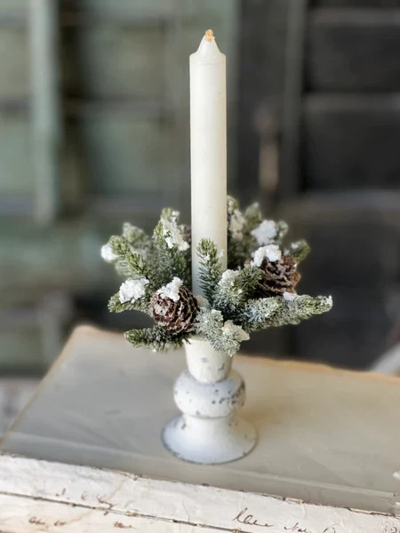 NEW PRIMITIVE Candle Ring SNOWY CONE Christmas 5″W x 1″ Opening Winter Shabby