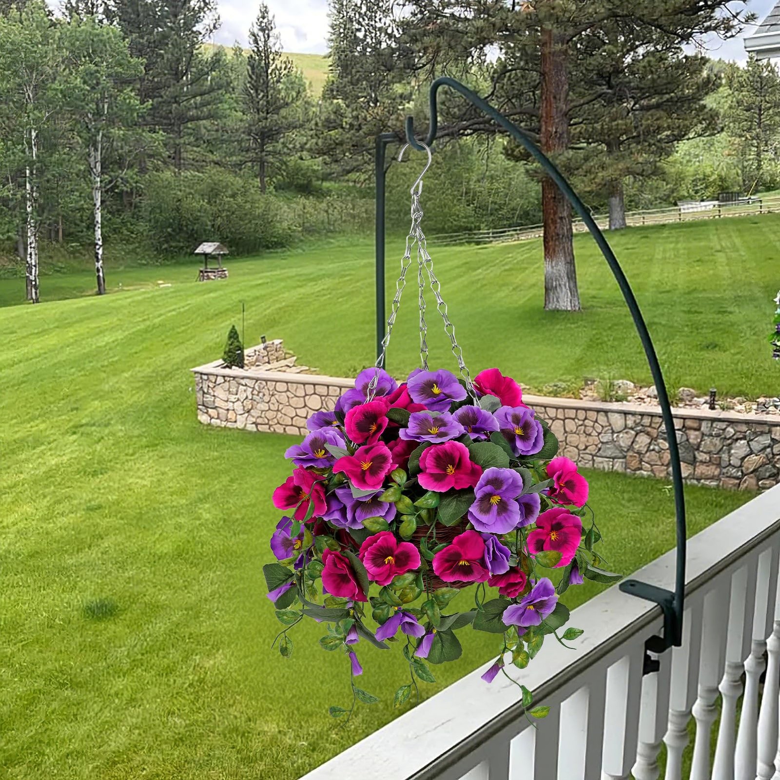 Artificial Hanging Basket Pansy Flowers Outdoor – 25.5” UV-Resistant Hot Pink…