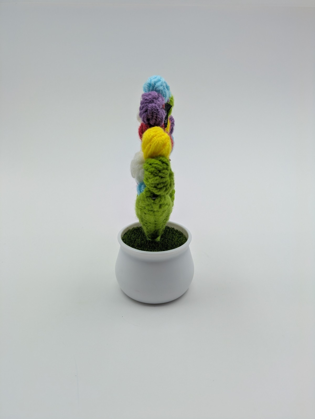 Hand Made Yarn Crochet Rainbow Petal Flowers in White Plastic Pot