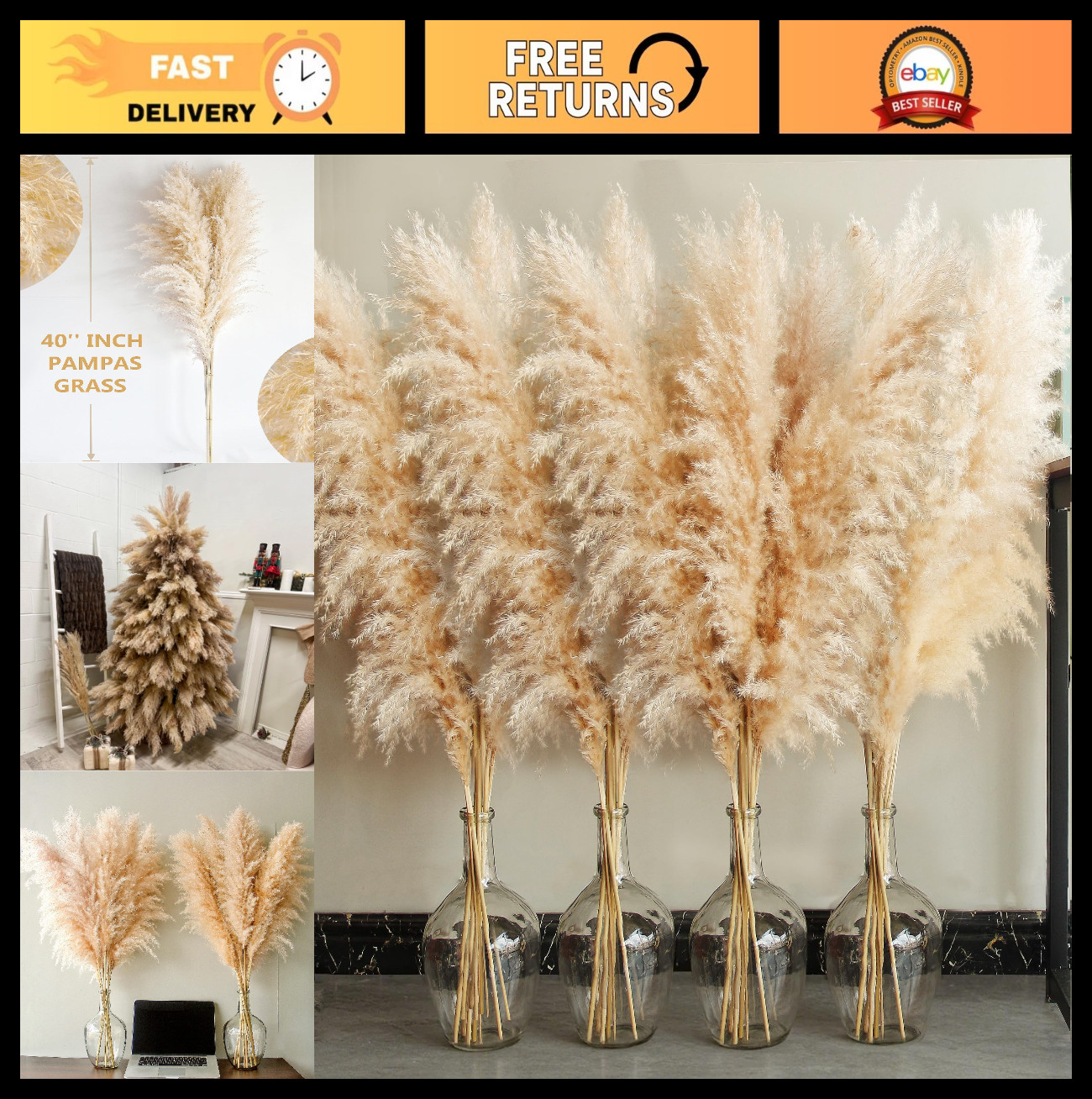 40″ Natural Pampas Grass Stems – Tall Boho Decor for Weddings, Parties & Farmhou