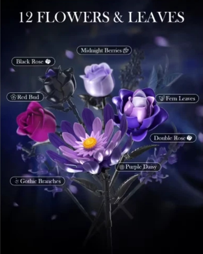 1218PCS Gothic Bouquet Flower Building Blocks Vase Decor DIY Gift