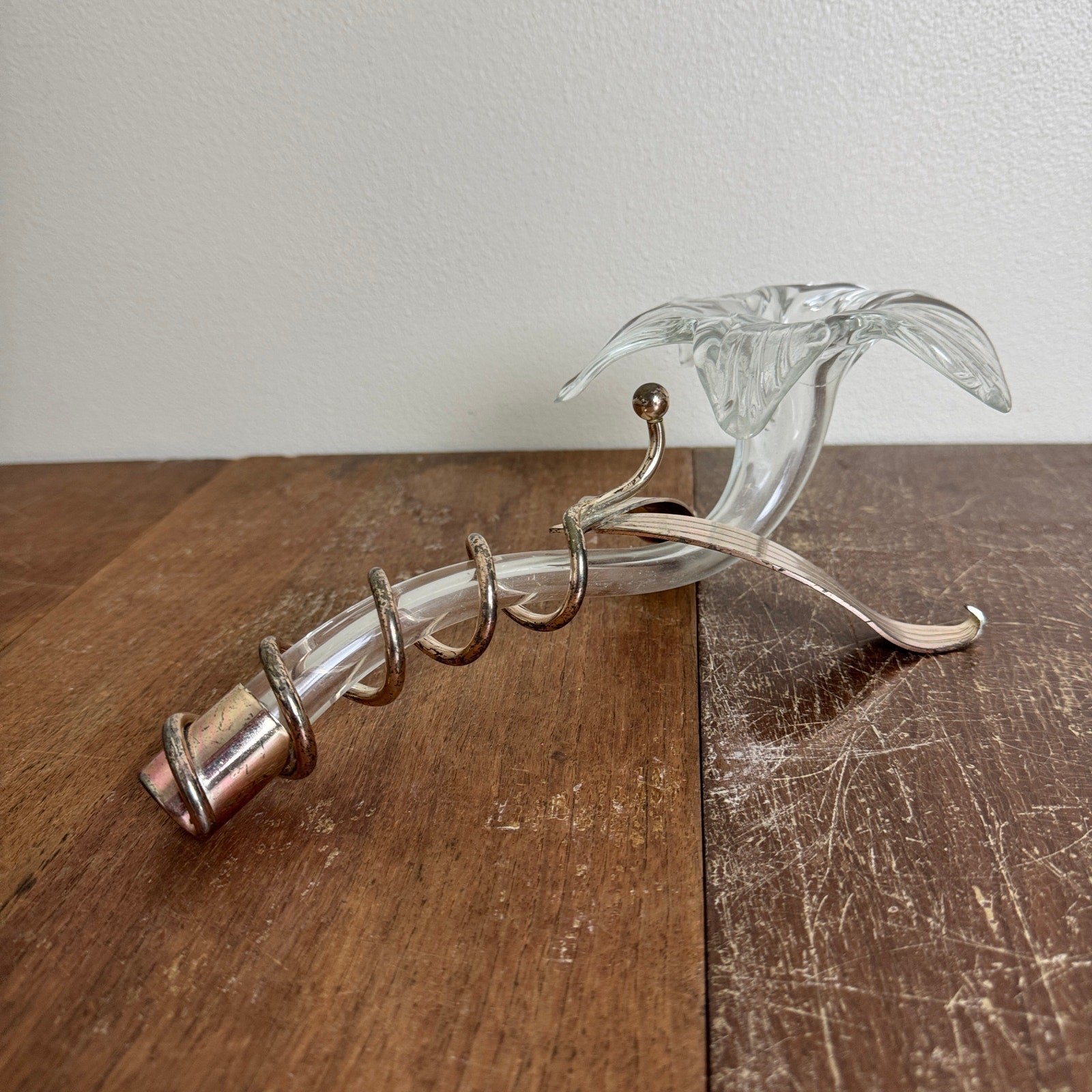 Vintage Silver Tone Metal Wrapped Clear Blown Glass Lilly Flower Art Decor