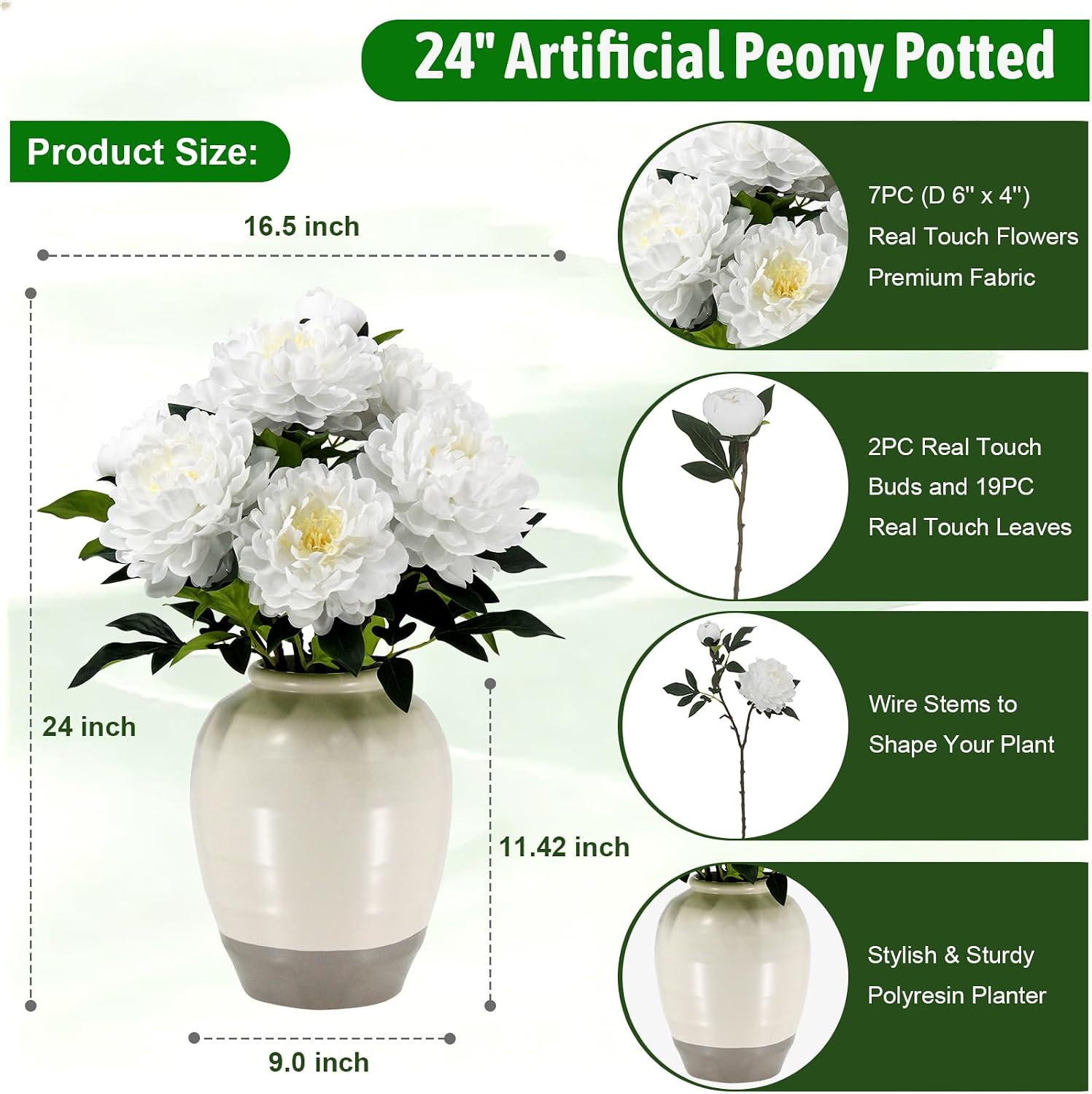 24″ Real Touch White Peony in Vase – Elegant Faux Flower Arrangement Decor