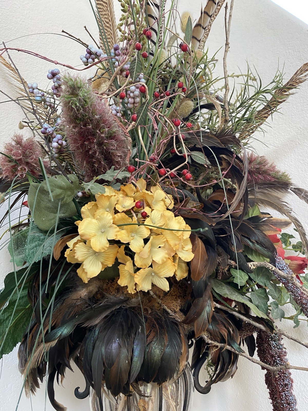 XL Custom Designer Muted Floral Arrangement W Pheasant Feathers, Silk & Dried