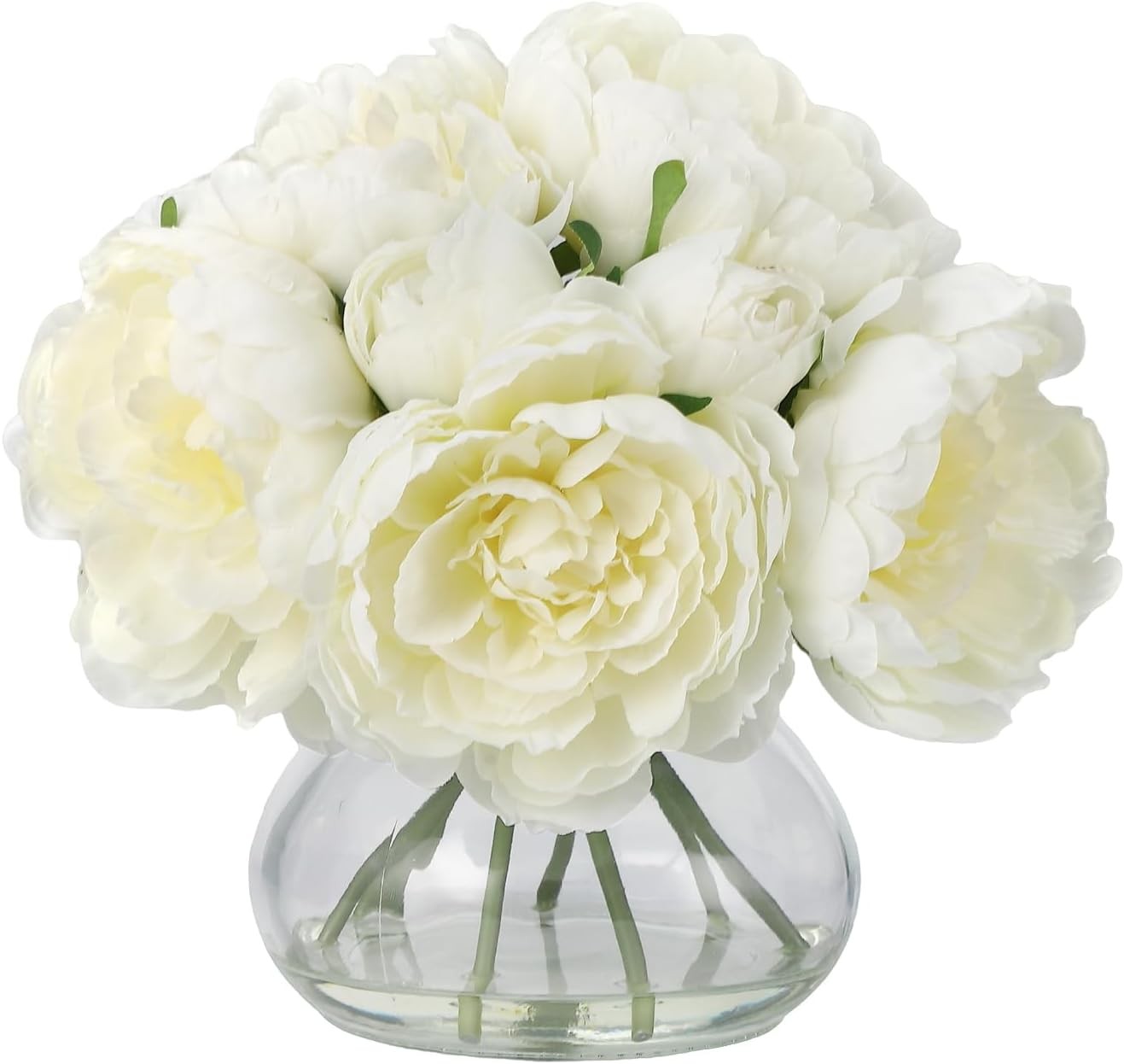 Peonies 7-Count Artificial Silk Bouquet Flower in Glass Vase with Faux Water
