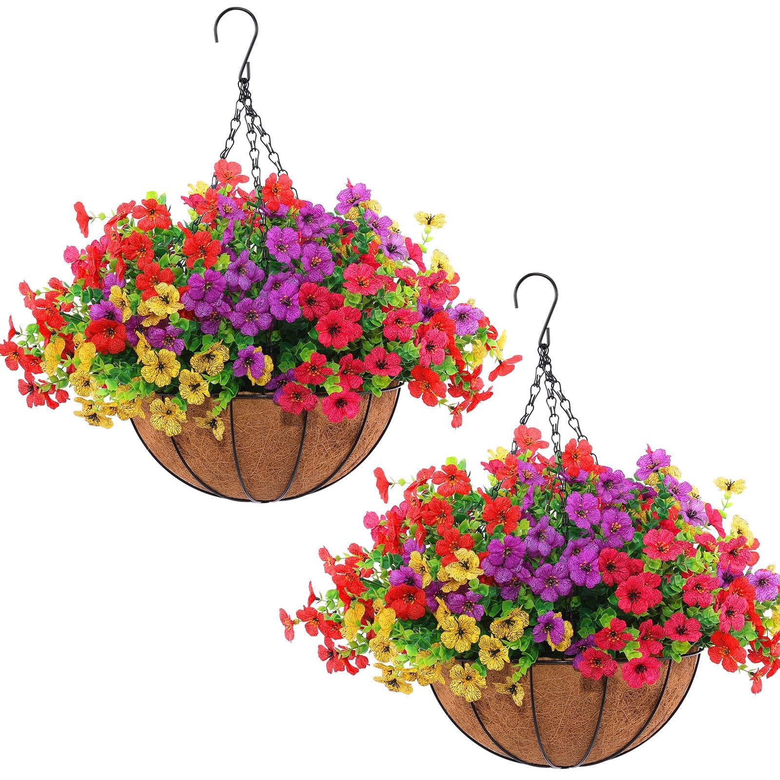 Artificial Outdoor Flowers 2 Set Hanging Basket 24 Pcs Red Purple Yellow Rose