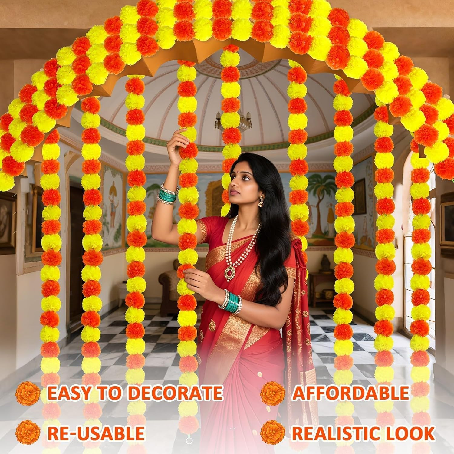 3 Pcs Marigold Garland for Decoration, 5 Feet Artificial Marigold Flowers Gar…