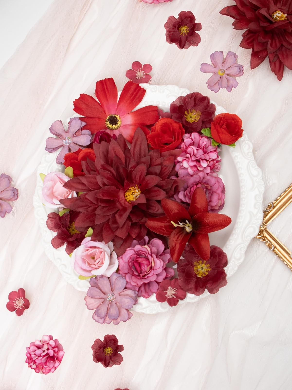Artificial Flowers Heads for Craft, 98 Pcs Mix Red Silk Faux Flower Combo wit…