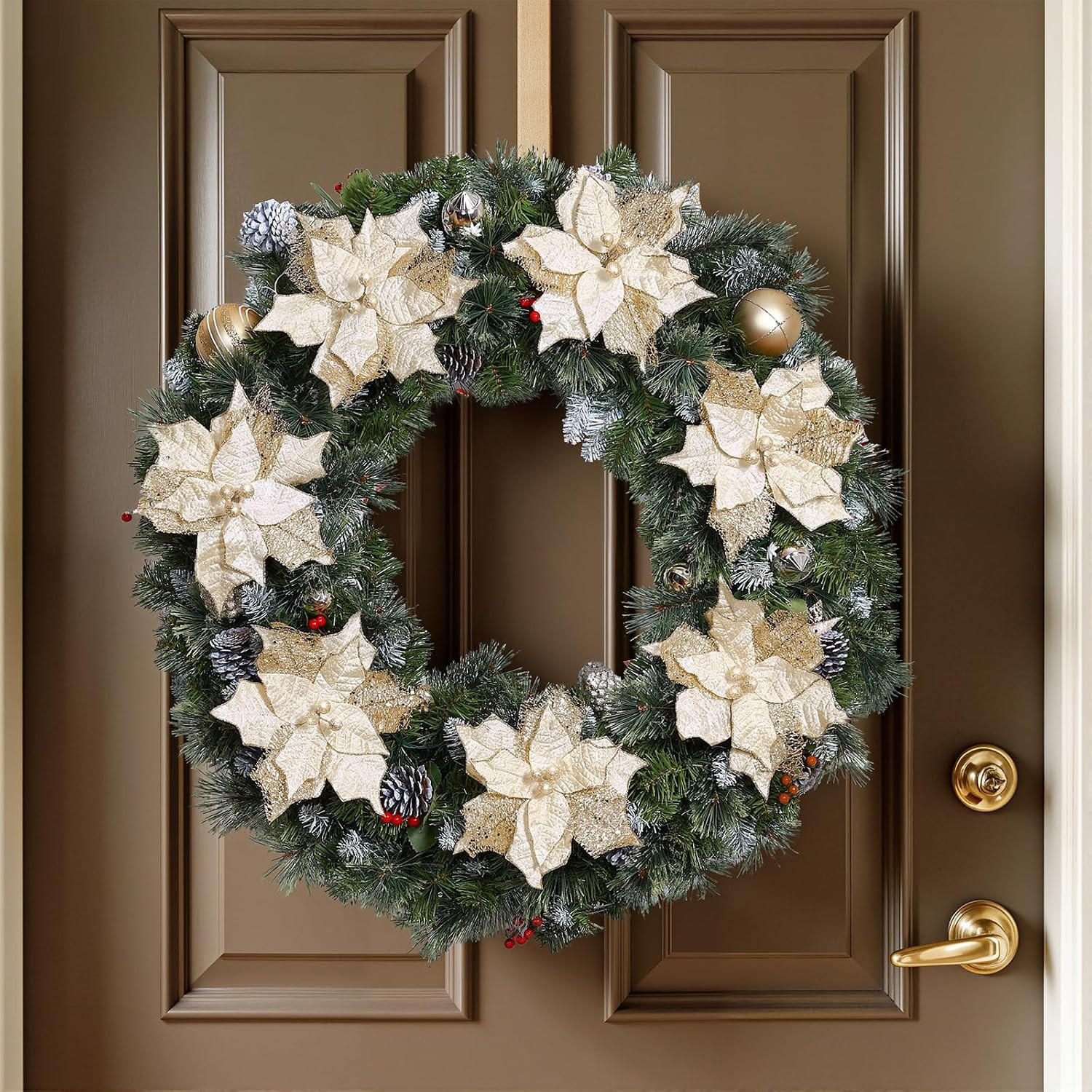 Alupssuc 10 PCS Poinsettia Christmas Flowers Artificial, Large Size 9 Inch Glitt
